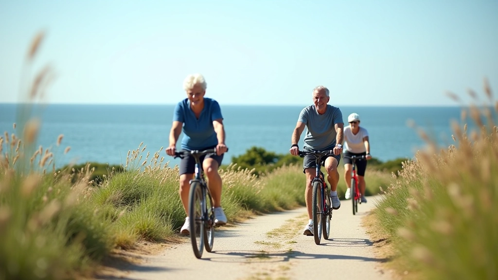 Senioru grupa uz piejūras velomaršruta, saule dīķī, vasaras sezona, skaists skats uz jūru